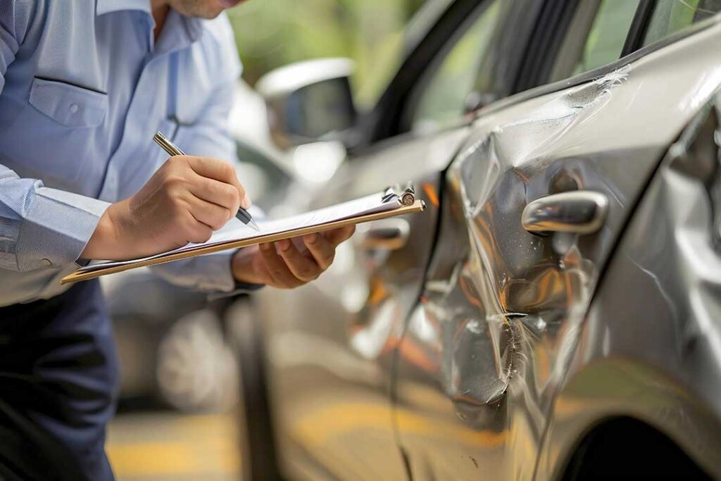 A person reviewing auto insurance documents at a kitchen table with car keys, a pen, and a cup of coffee.